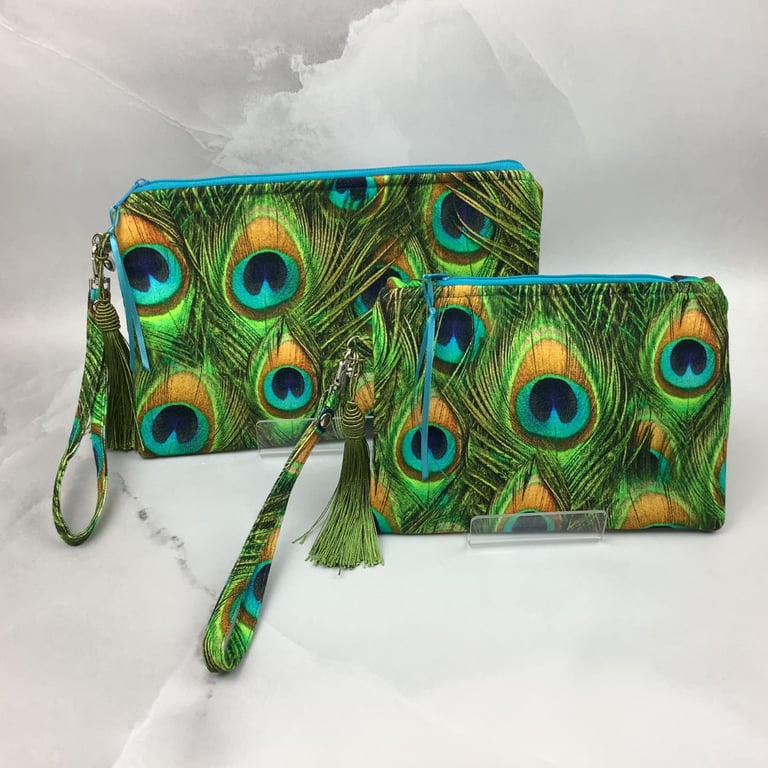 Peacock feathers zip clutch bag, Detachable wrist strap, 2 options, Handmade