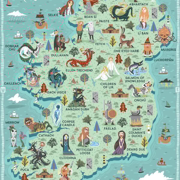 Illustrated Map, Mythical Beasts of Ireland, A3 Art print - Poster