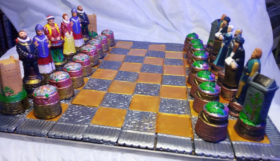 Handmade and Hand Painted Ornamental Scottish and English Chess Figures