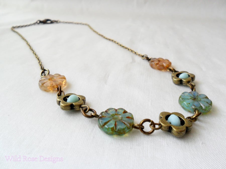 Aqua and peach flower necklace