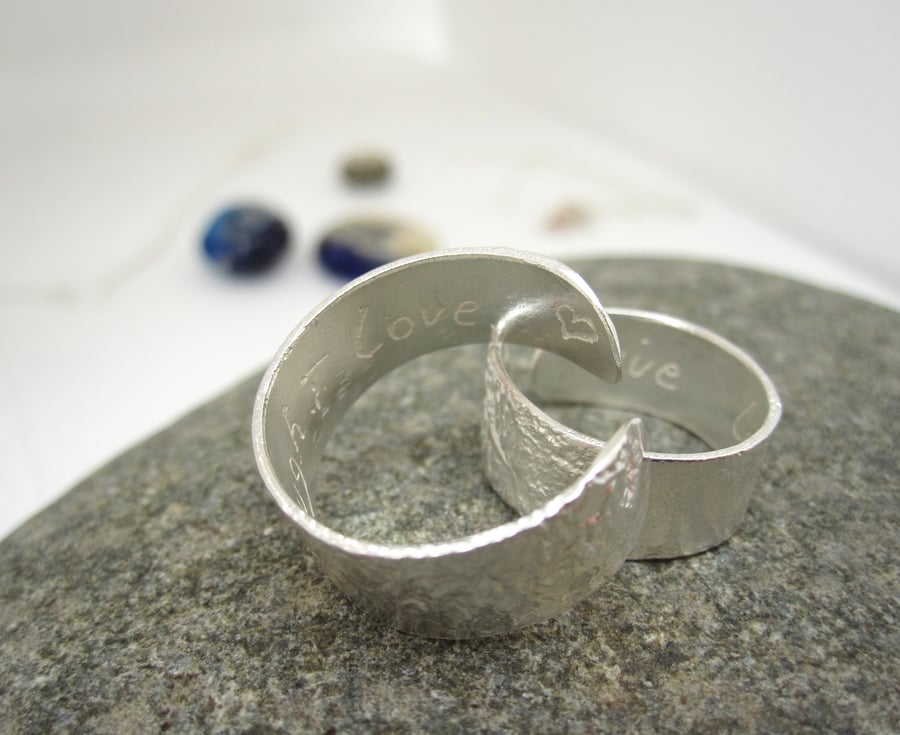 Silver Open Adjustable Ring  - Live, Laugh, Love.   Reticulated Sterling Silver 