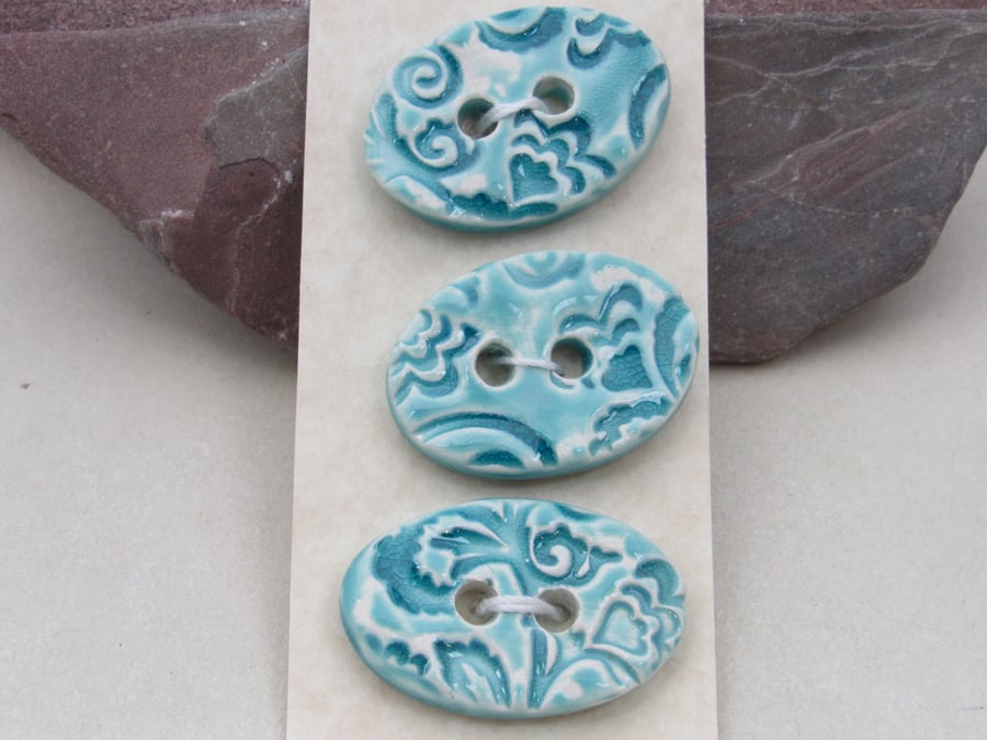 3 Medium Oval Aqua Blue Brocade Pattern Ceramic Buttons