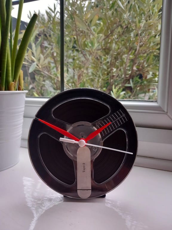 Upcycled 60s tape reel desk clock, Retro music mid century wall art