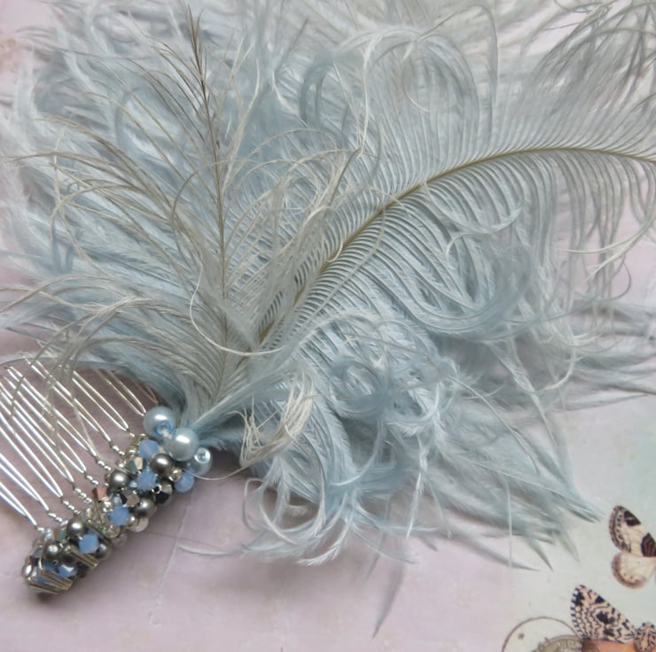 Pale Blue Ostrich Feather & Crystal Beaded ... - Folksy