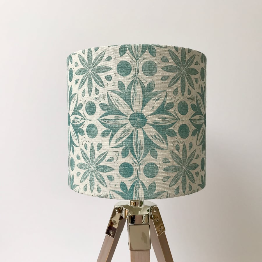 Hand Printed Linen Lampshade in Teal Blue