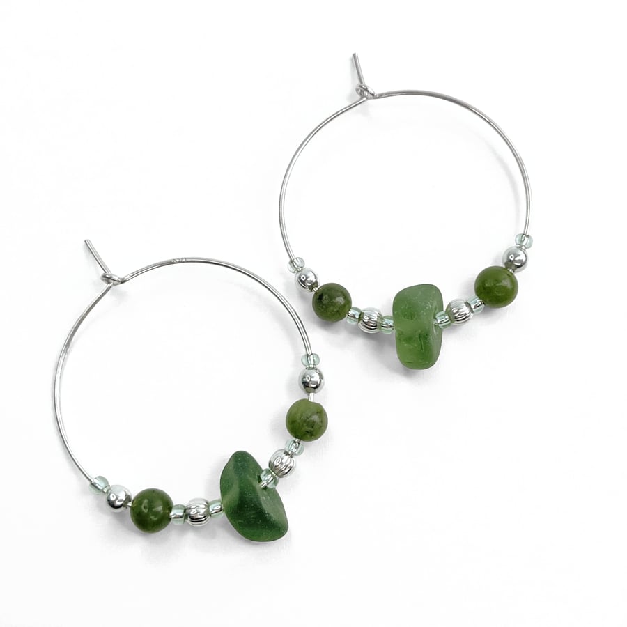 Sea Glass Hoop Earrings. Large Green Sterling Silver Jade Crystal Beaded Hoops