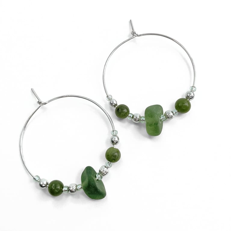 Sea Glass Hoop Earrings. Large Green Sterling Silver Jade Crystal Beaded Hoops