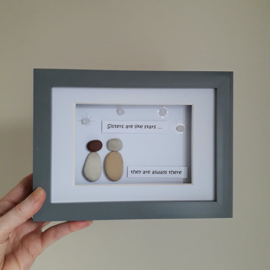 Sisters Sea Glass & Pebble Art Framed 6 x 8 inches, Birthday Gift for Sister