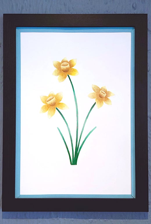 Genuine Made in UK Framed A3 Print Yellow Daffodils Light Blue Border Wallart 