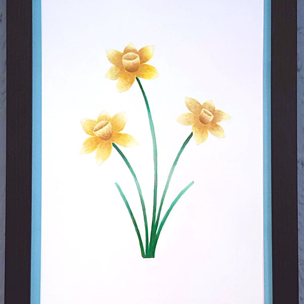 Genuine Made in UK Framed A3 Print Yellow Daffodils Light Blue Border Wallart 