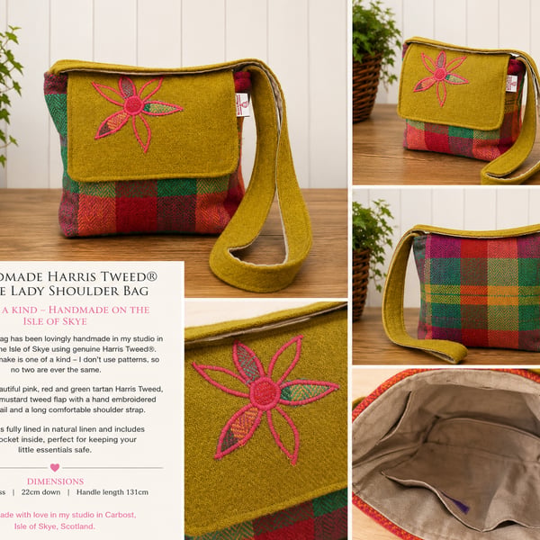 Harris tweed crossbody bag with applique flower