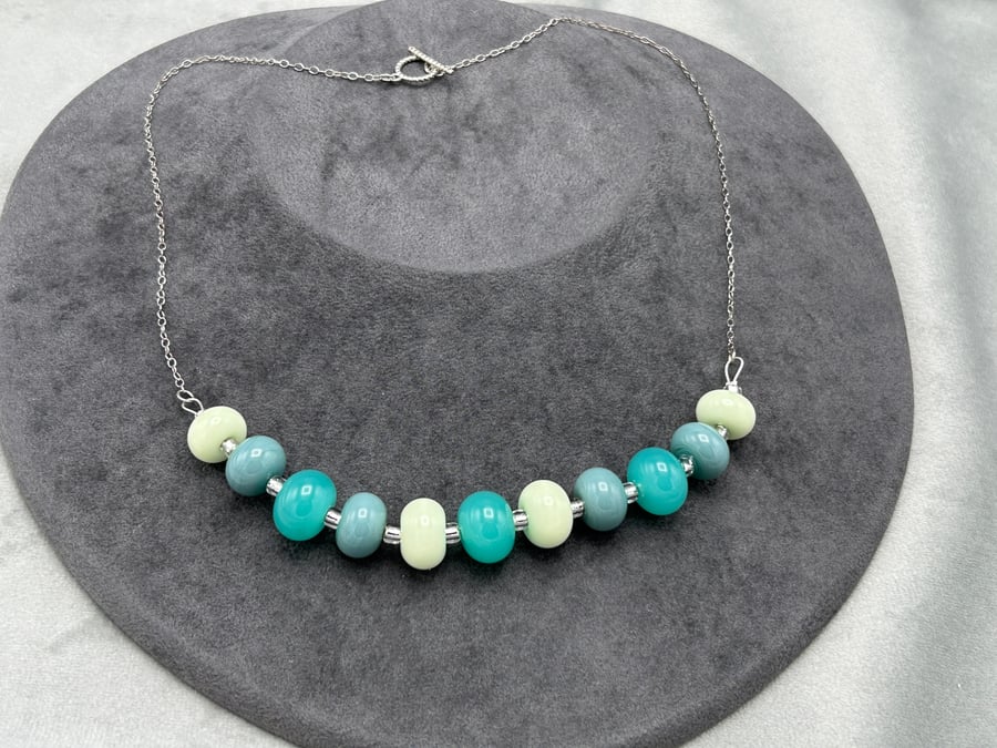 green and blue lampwork glass beaded necklace