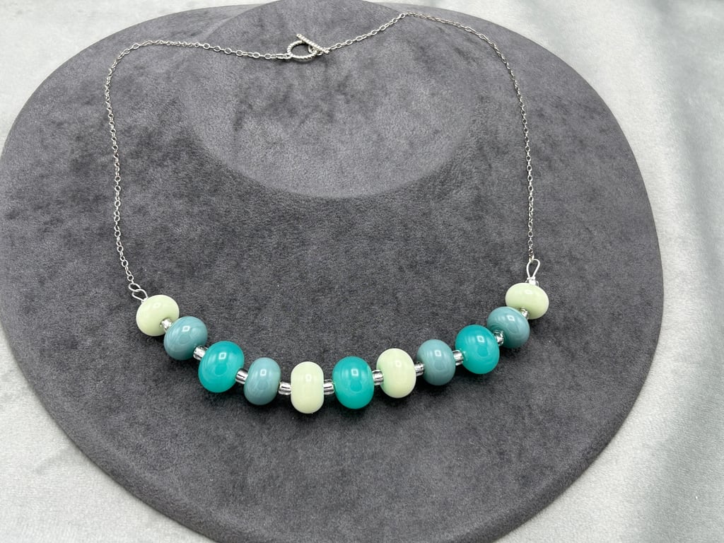 green and blue lampwork glass beaded necklace