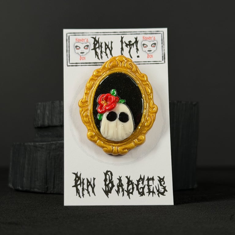 Pin It! Ghost Portrait Hibiscus Flower Summerween Polymer Clay Pin Badge 