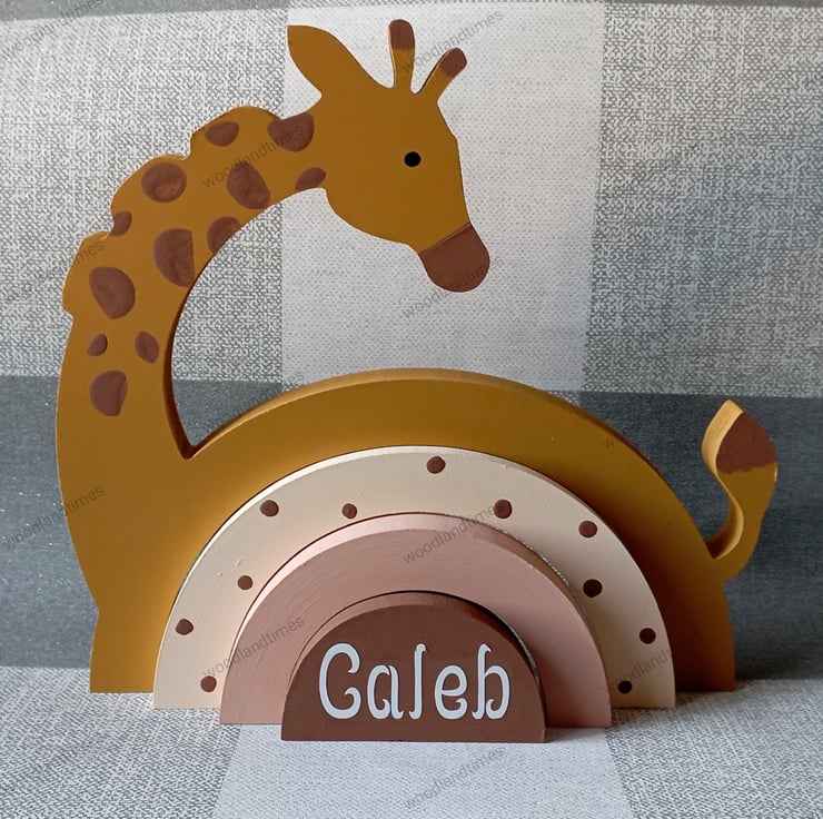 Giraffe rainbow stacker for zoo themed nursery, personalised boys bedroom  shelf