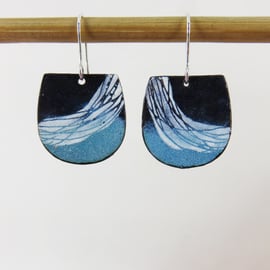 Semi Circle Enamel on Copper Dangle Earrings with Hand Drawn Detail