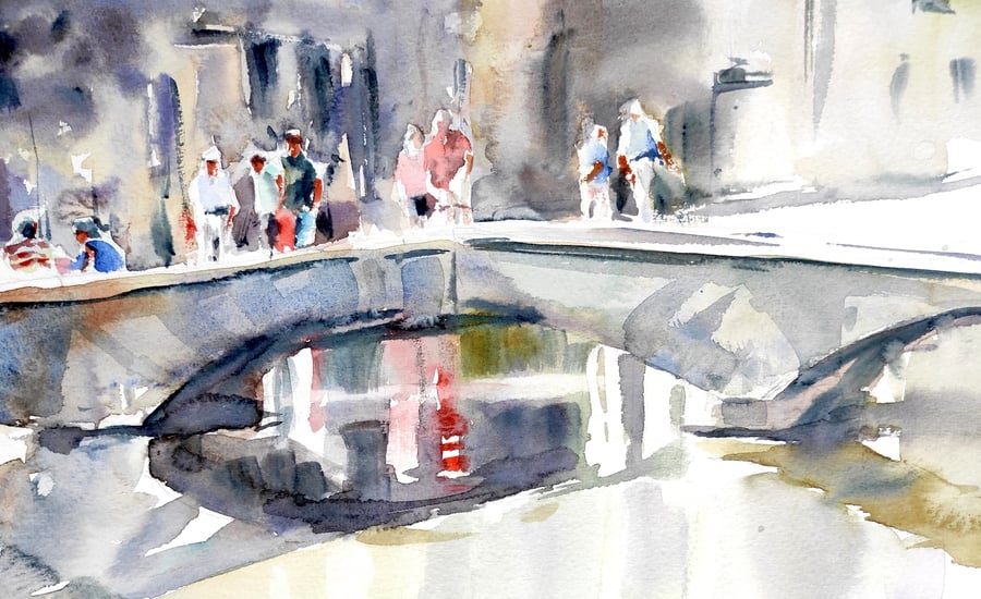 Bourton-on-the-Water, figures on the bridge, Watercolour painting, original art