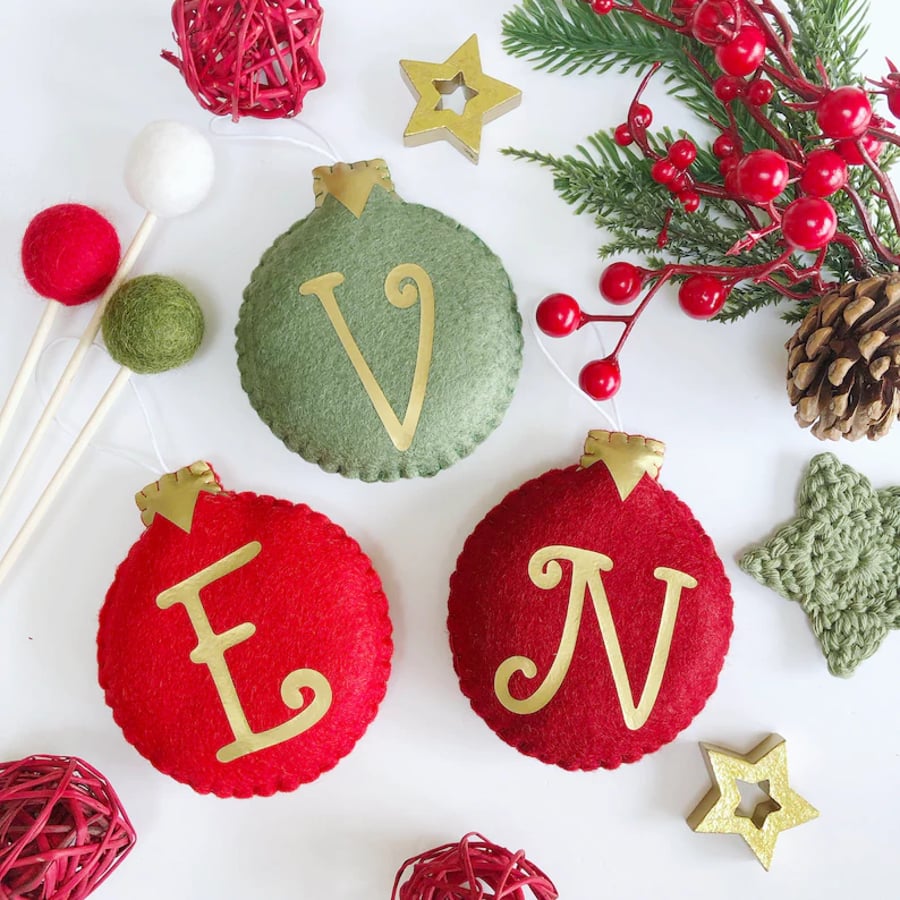 Christmas baubles. Initial baubles. Christmas decoration.