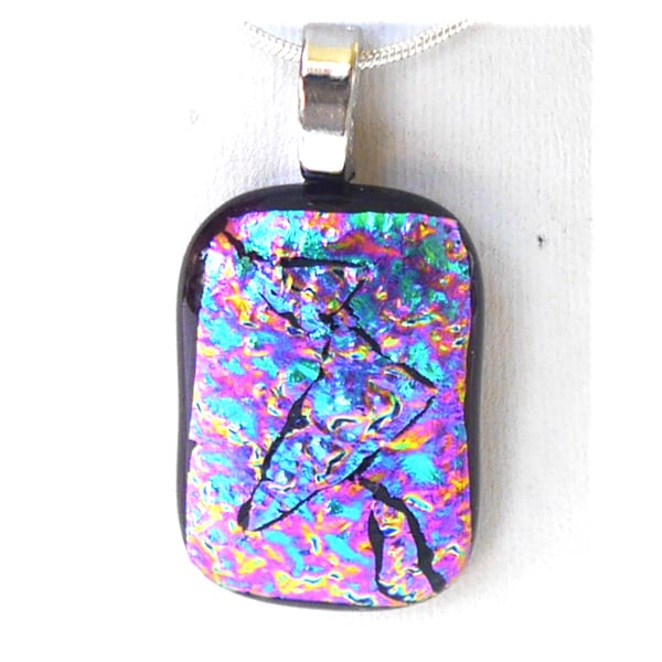 Dichroic Glass Pendant 171 Plum Aqua Sparkle Handmade with silver plated chain