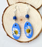 Real Pressed Daisy Dangle Sliver Plated Wood and Bead Earrings - Image 2