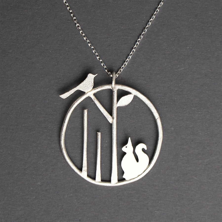 Edge of the woods squirrel and bird necklace