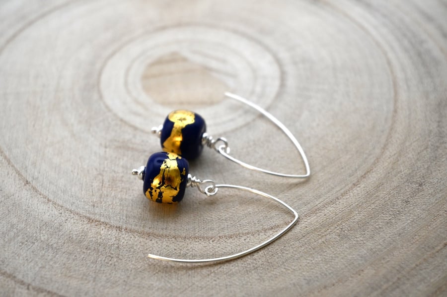 blue and gold leaf glass earrings