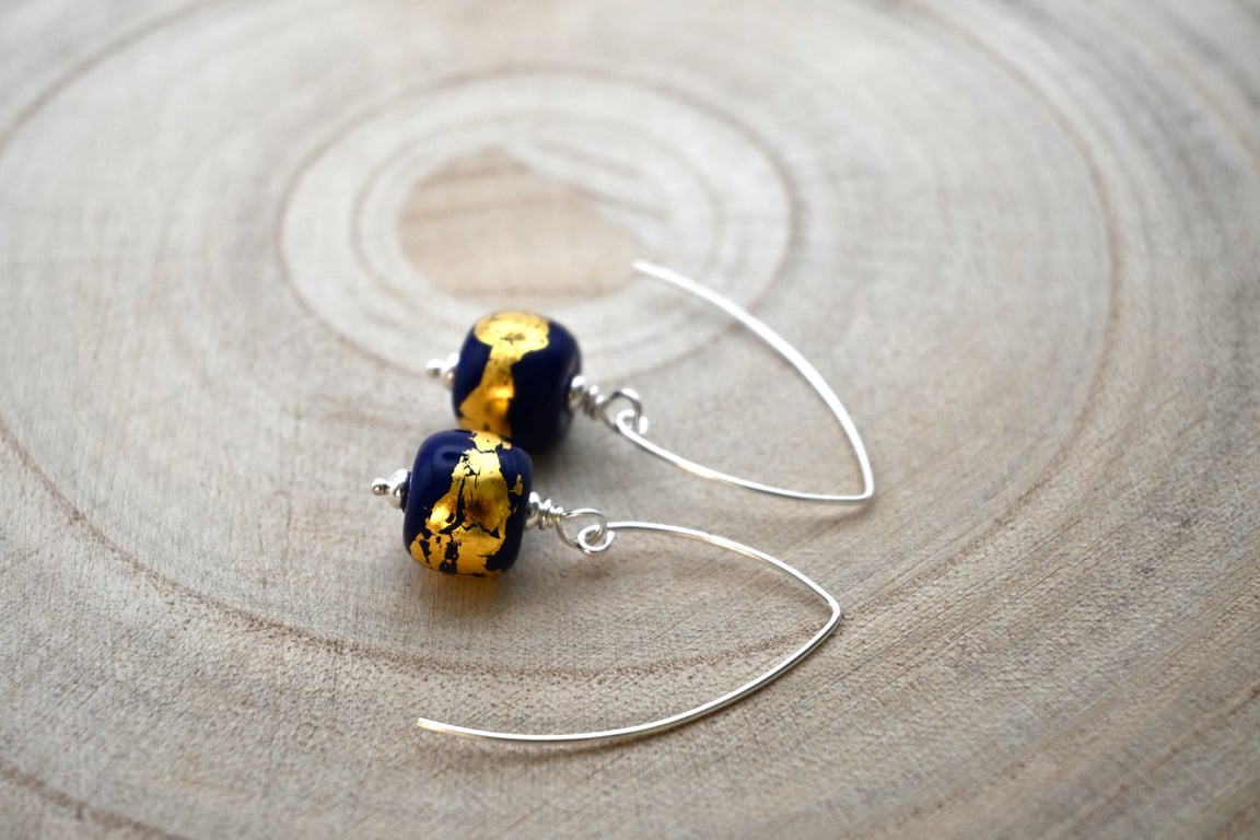 blue and gold leaf glass earrings