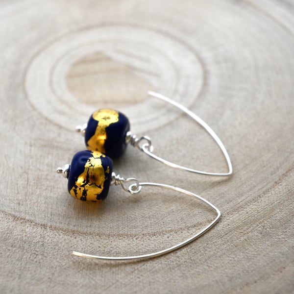 blue and gold leaf glass earrings
