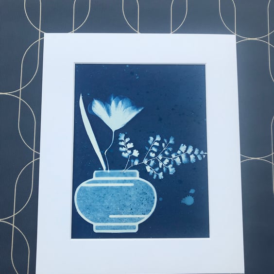 Ikebana style meets Botanical Cyanotype Art, Original Art. 