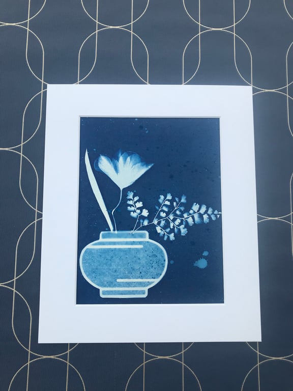 Ikebana style meets Botanical Cyanotype Art, Original Art. 