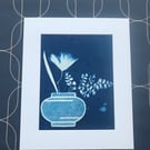 Ikebana style meets Botanical Cyanotype Art, Original Art. 