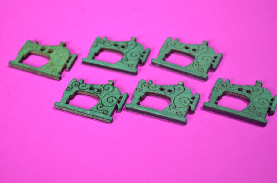 Wooden Sewing Machine Buttons Green 6pk Button Seamstress 26x20mm (S5)