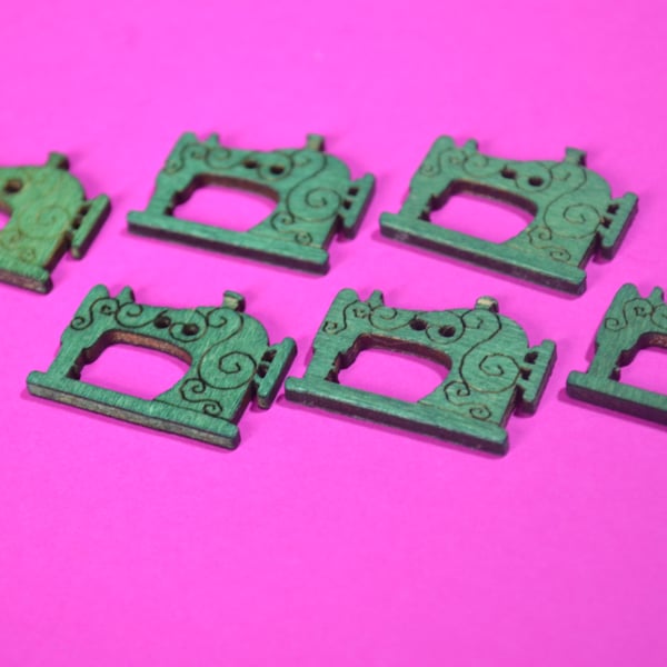 Wooden Sewing Machine Buttons Green 6pk Button Seamstress 26x20mm (S5)