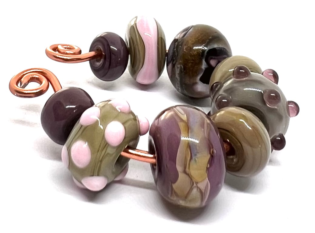 Handcrafted Lamp-work Glass Bead Set – Country Garden Heather Sage & Pastel Pink