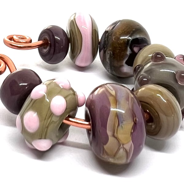 Handcrafted Lamp-work Glass Bead Set – Country Garden Heather Sage & Pastel Pink