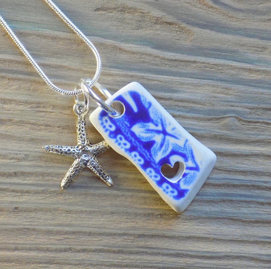 Tumbled pottery heart pendant with starfish charm