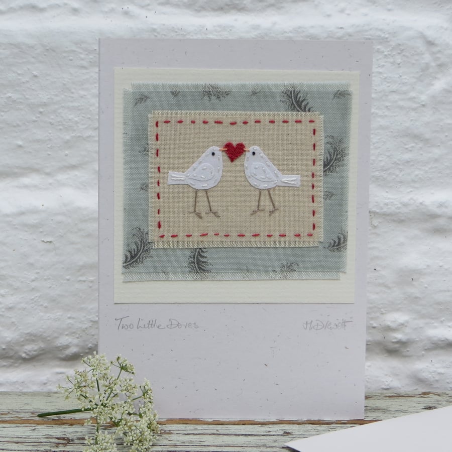 Two Little Doves hand-stitched miniature textile on card, anniversary, twins....
