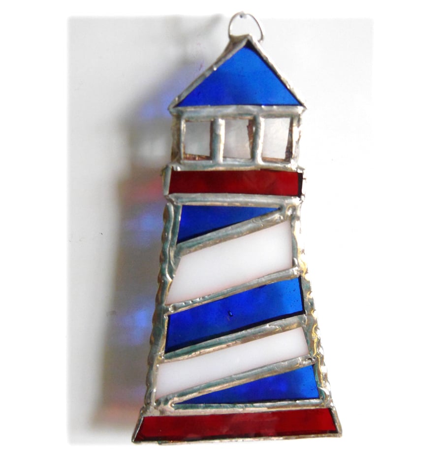 Lighthouse Suncatcher Stained Glass Handmade Blue 005