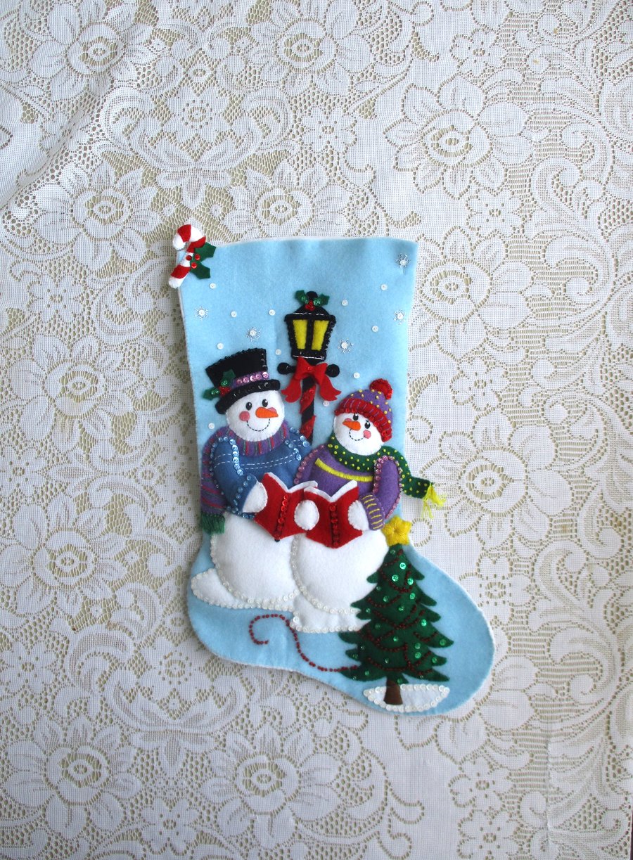 Personalised Snow Family Stocking - Bucilla Completed - Carol Singers - Snowman