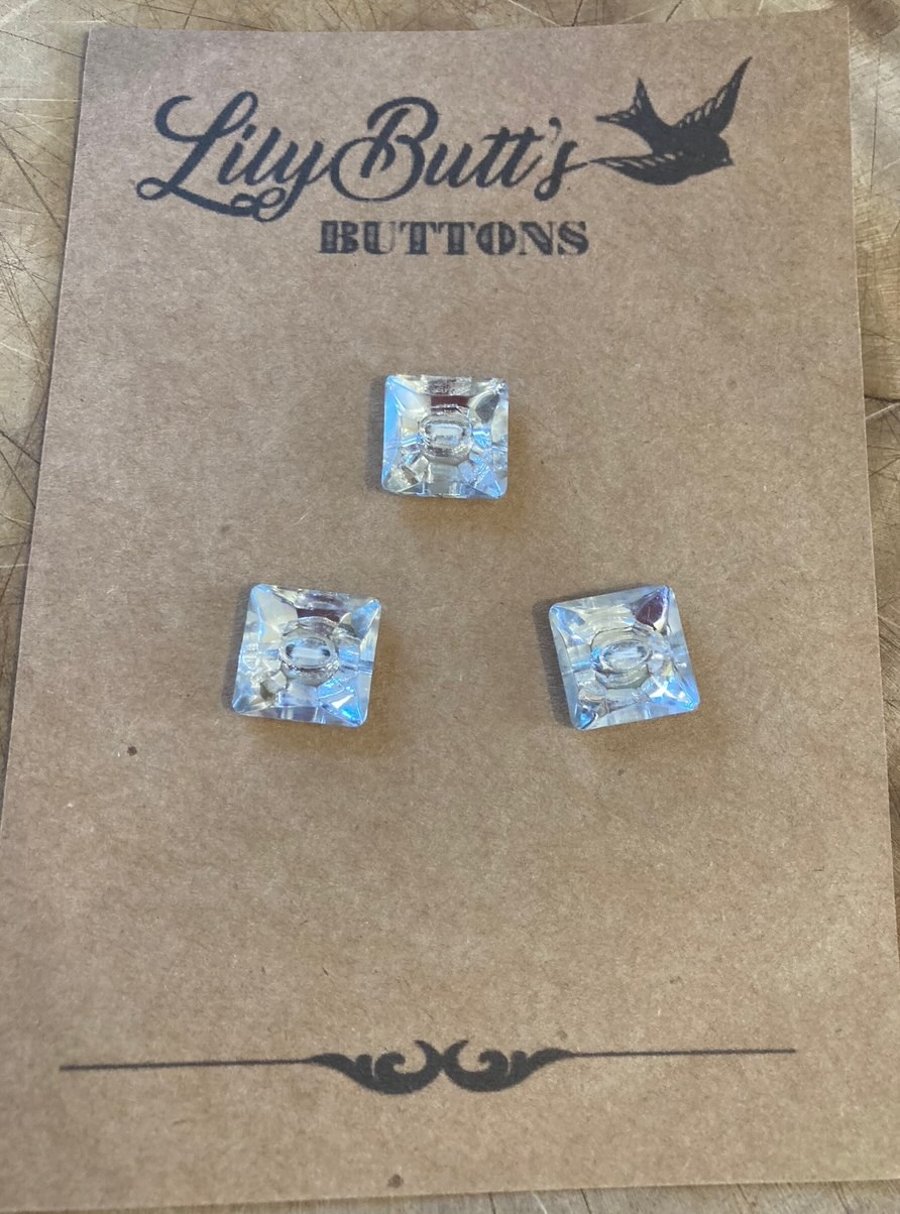 3 Square Silver Crystal Buttons