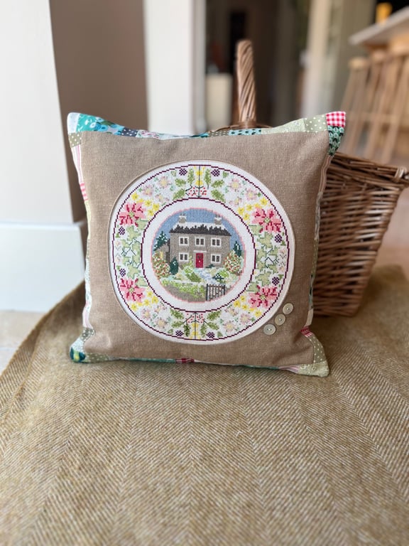 Winter - rescued cross stitch and patchwork cushion
