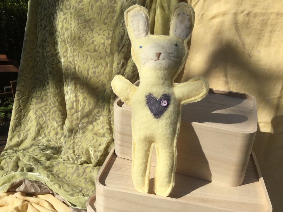 Original ,one of a kind soft toy rabbit, wool with needle felted heart.