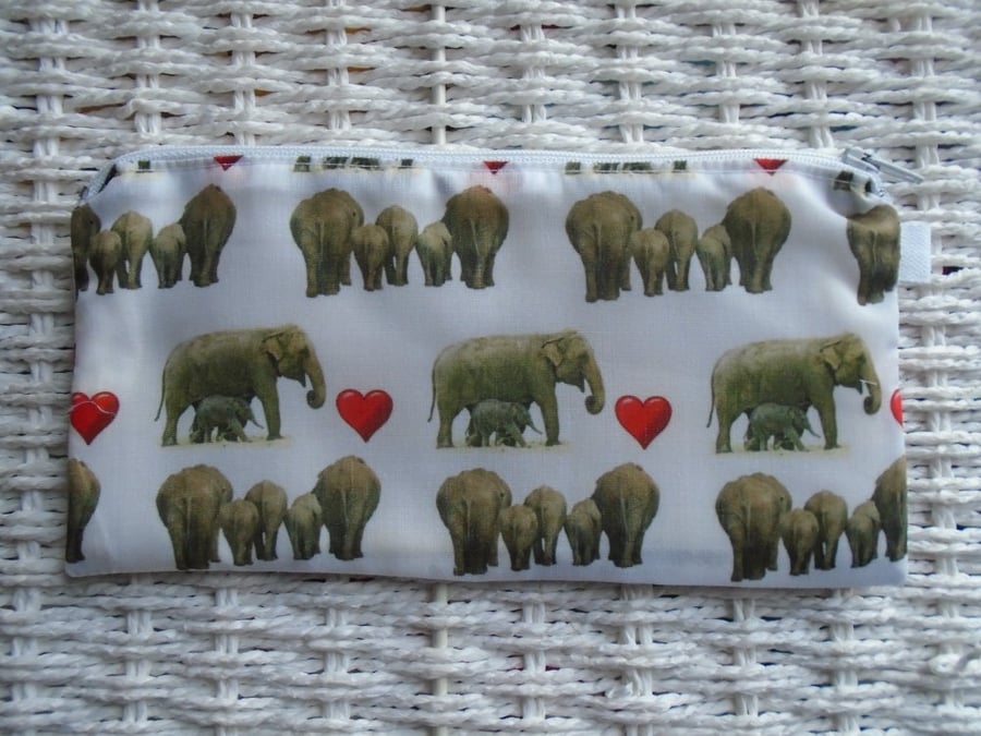 Love Elephant Themed Pencil Case or Small Make Up Bag.