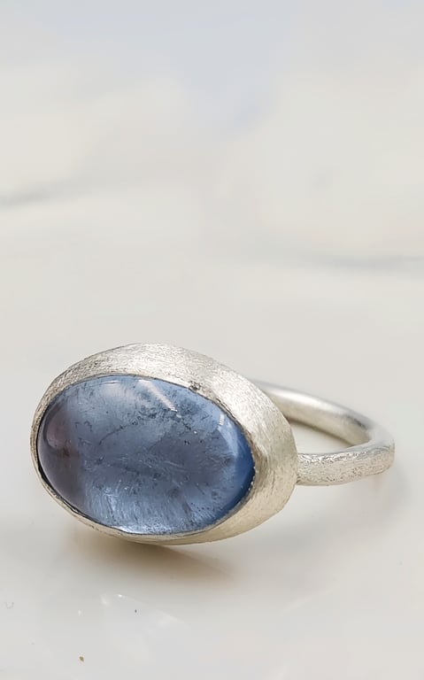 Handmade Silver Bezel Ring with Oval Synthetic Aqua Spinel : Size J