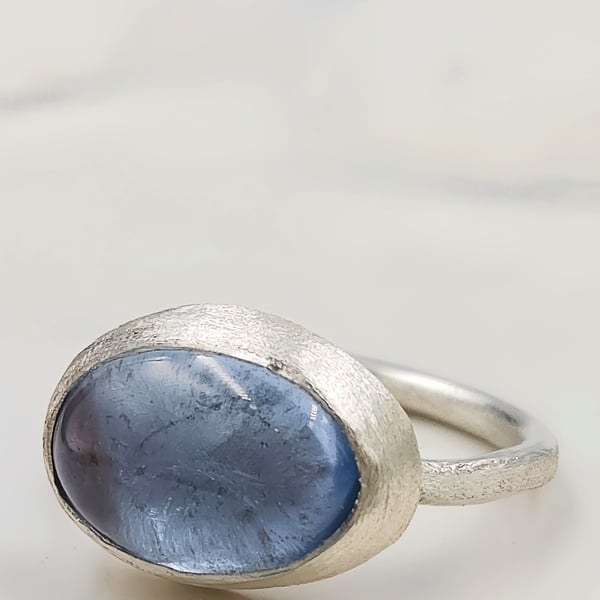 Handmade Silver Bezel Ring with Oval Synthetic Aqua Spinel : Size J
