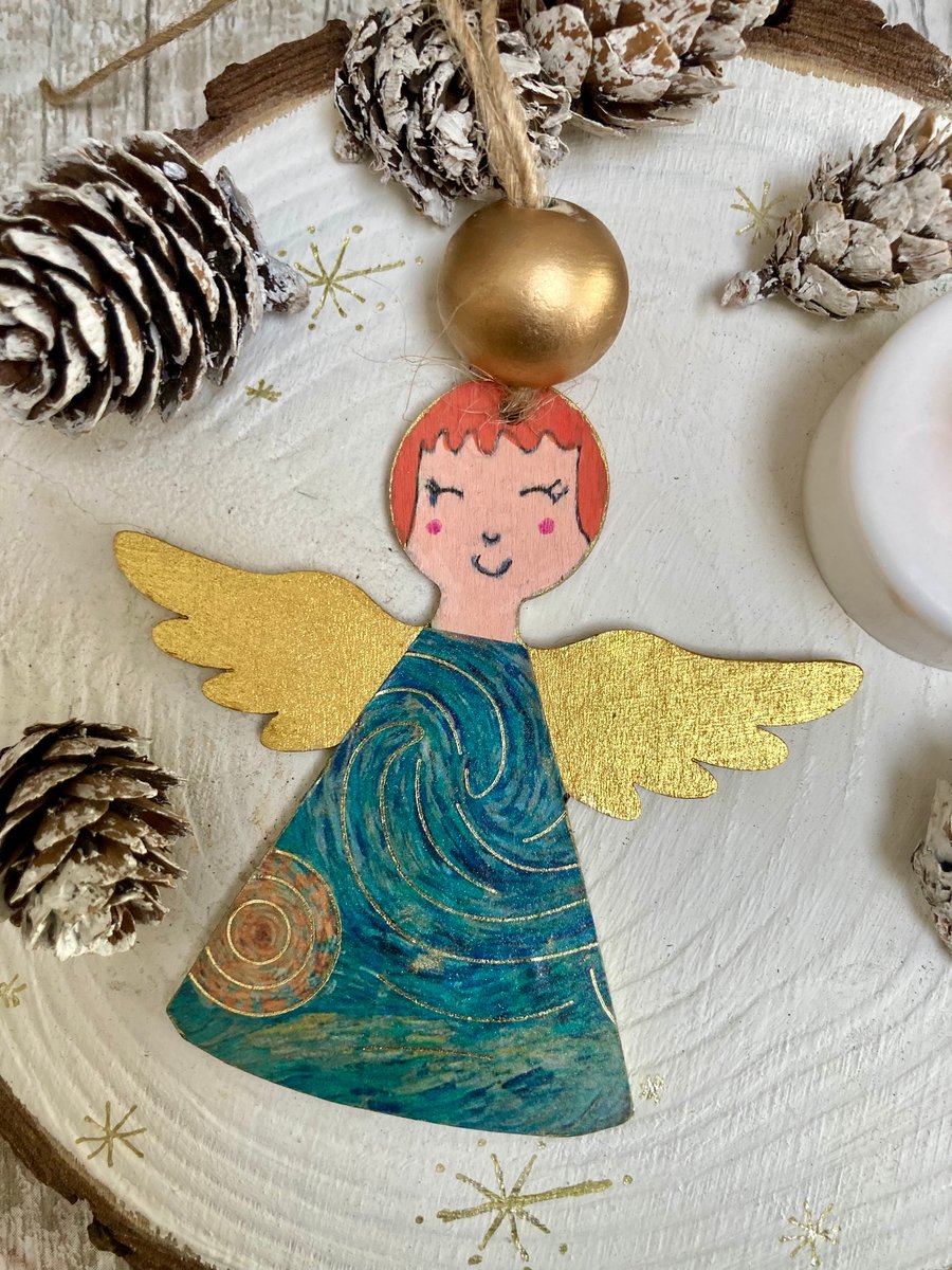 Starry Night Van Gogh Inspired Folk  Art Angels Hanging Decoration