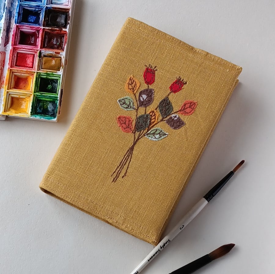 A6 Sketchbook with Embroidered Rosehips on a Removable Cover