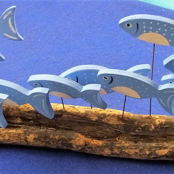 SHOAL OF 10 BLUE & WHITE FISH ORNAMENT MADE FROM NATURAL DRIFTWOOD FROM CORNWALL