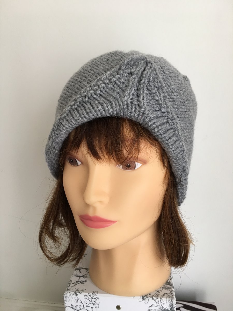 Celtic Grey Turban 1940s Style Beanie Hat Hand knitted Gift Ideal for Her