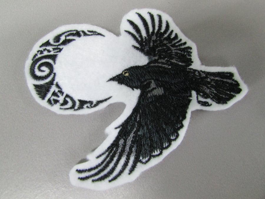 Raven and Moon Embroidered Sew on Applique Patch